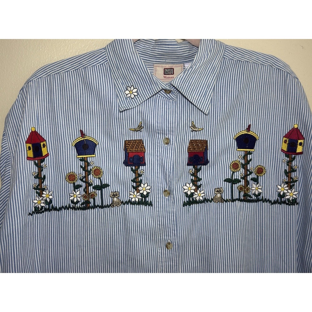 Faded Glory Shirt Bird House Embroidered 20W Button Blue Stripes‎ Casual Vtg Top